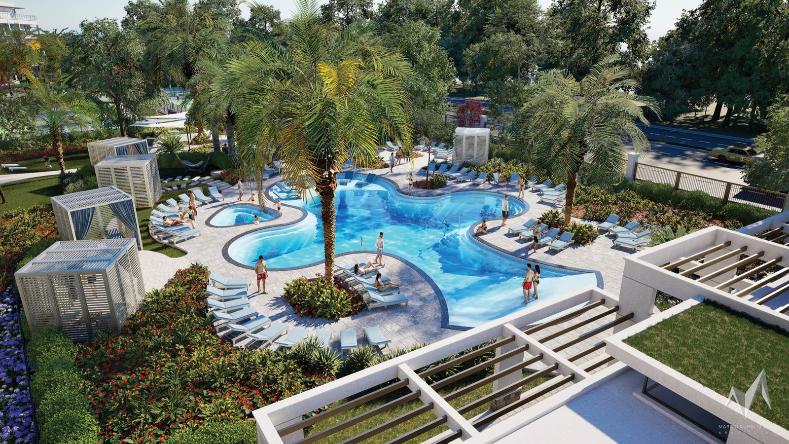 Cypress Sound Pool Deck Aerial rendering of the Cypress Sound pool and spa deck with cabanas
