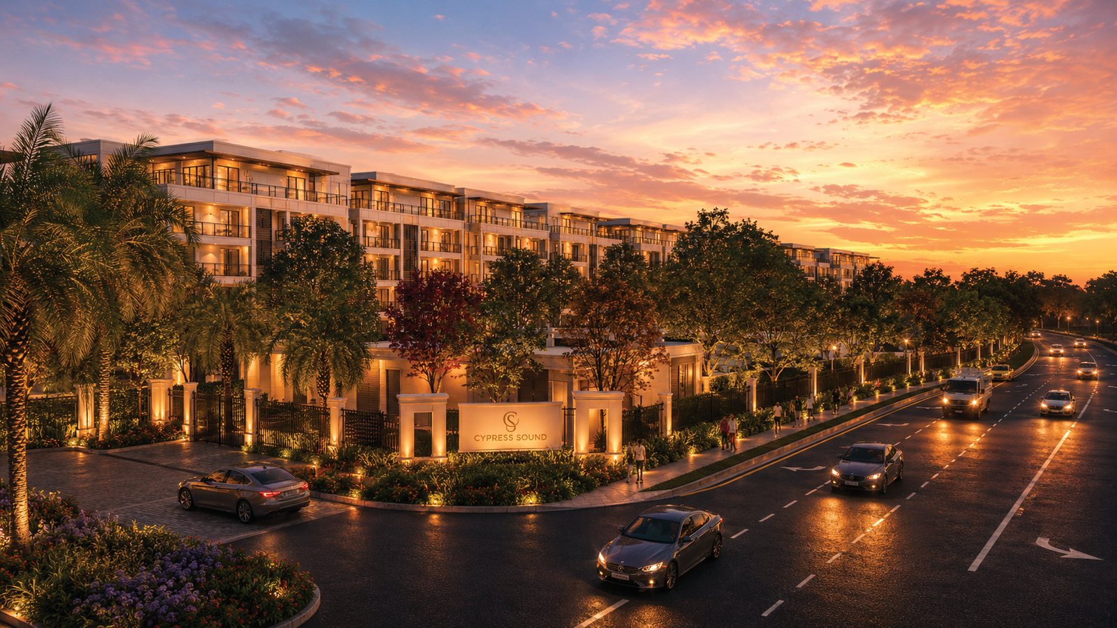 Cypress Sound Exterior at Sunset Rendering of Cypress Sound condominiums at sunset near Disney Springs