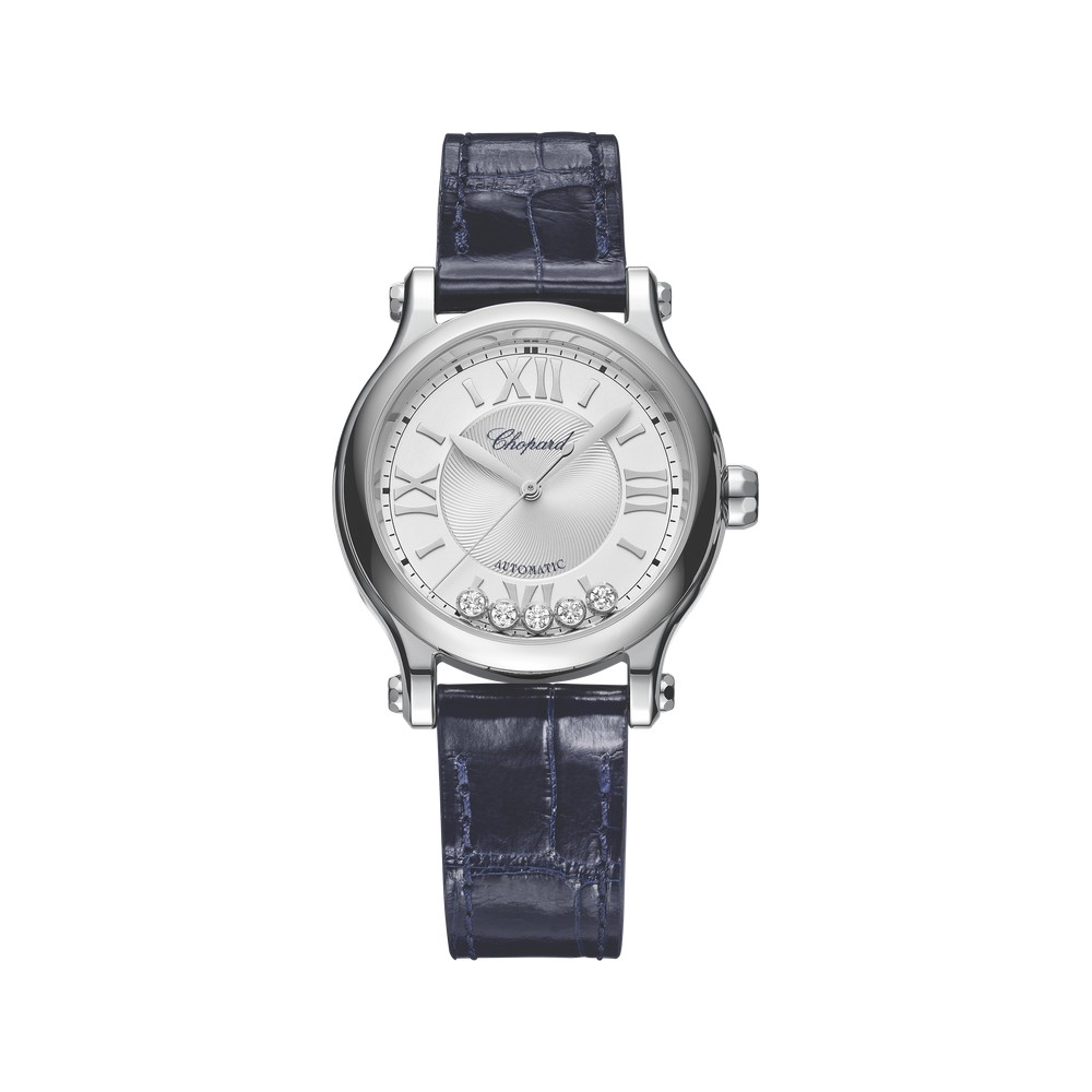 Chopard Happy Sport 33 mm Chopard Happy Sport 33 mm watch with silver dial, floating diamonds and blue strap