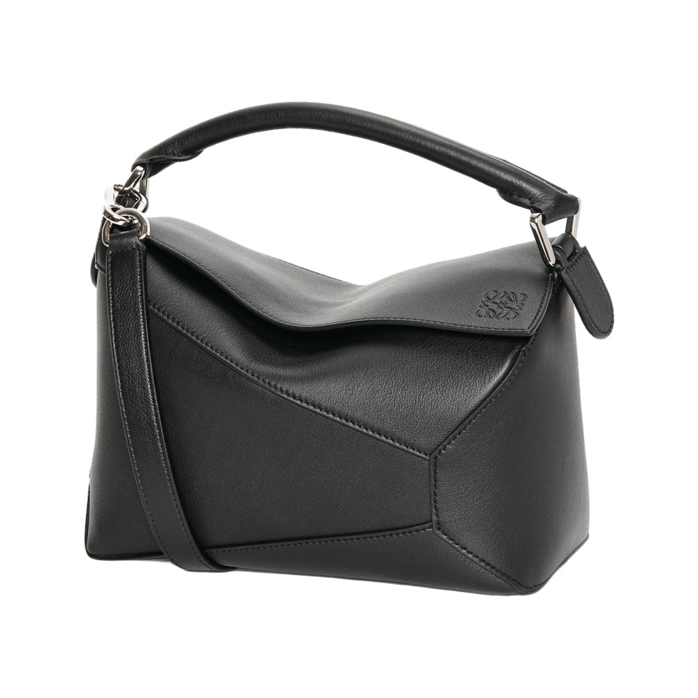 Loewe Small Puzzle Edge Bag in black calfskin with top handle and shoulder strap