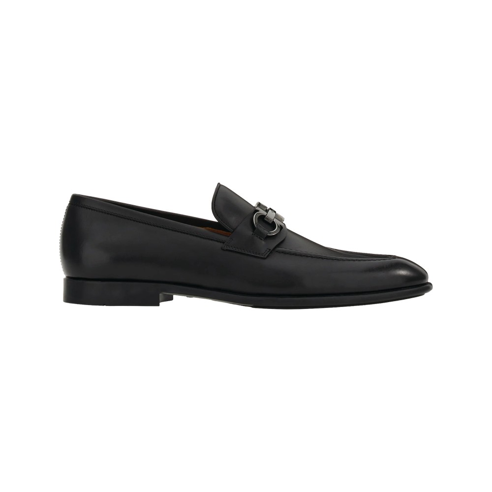 Ferragamo black leather moccasin with silver Gancini ornament