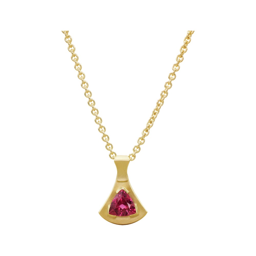 Almut Belote pink tourmaline trillion pendant on a gold chain