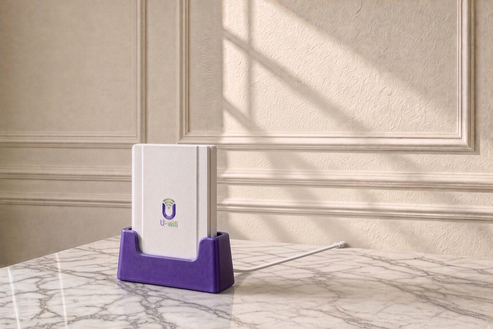 Internet Reimagined – U-wifi 5G Gateway The compact U-wifi 5G gateway, white with a purple base, on a marble countertop