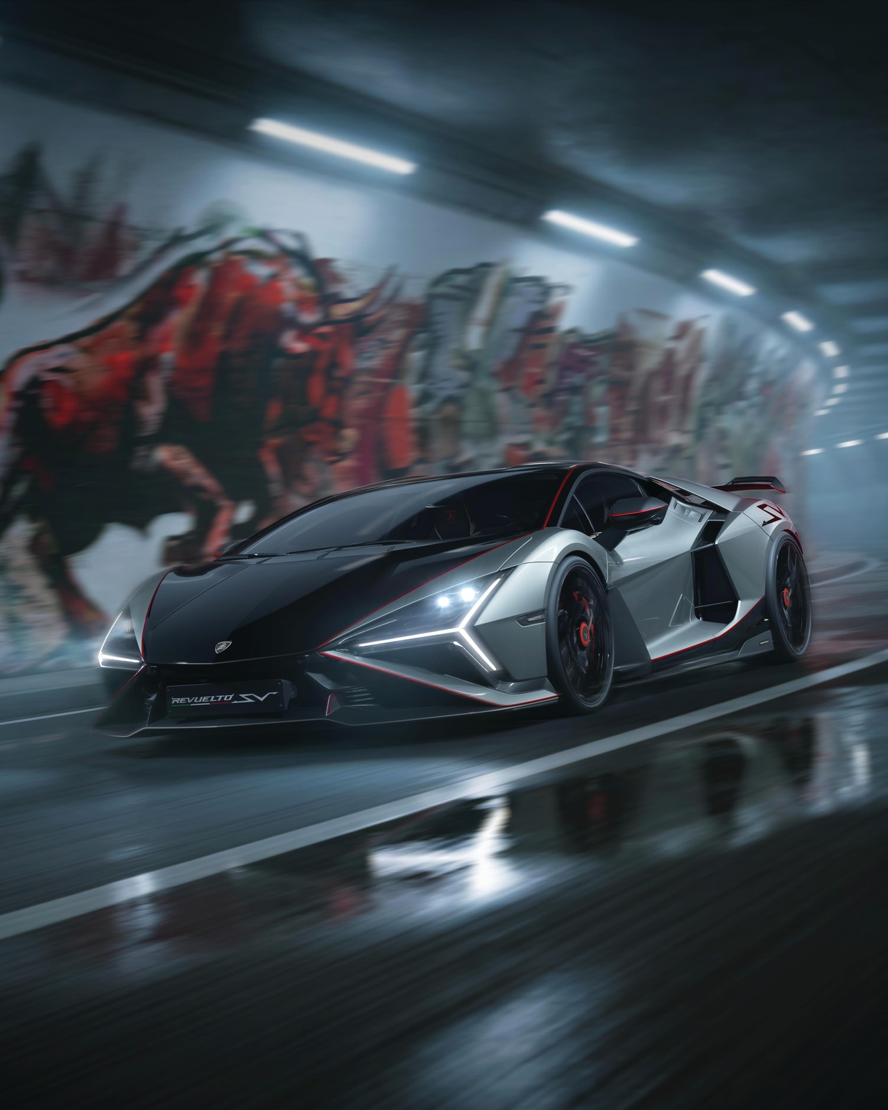 Lamborghini Revuelto SV front three-quarter view Silver and black Lamborghini Revuelto SV hybrid V12 supercar driving through a lit tunnel